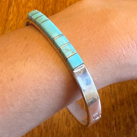 Blue Turquoise Southwestern Navajo Sterling Silver Inlay Bracelet - Picture 1 of 17